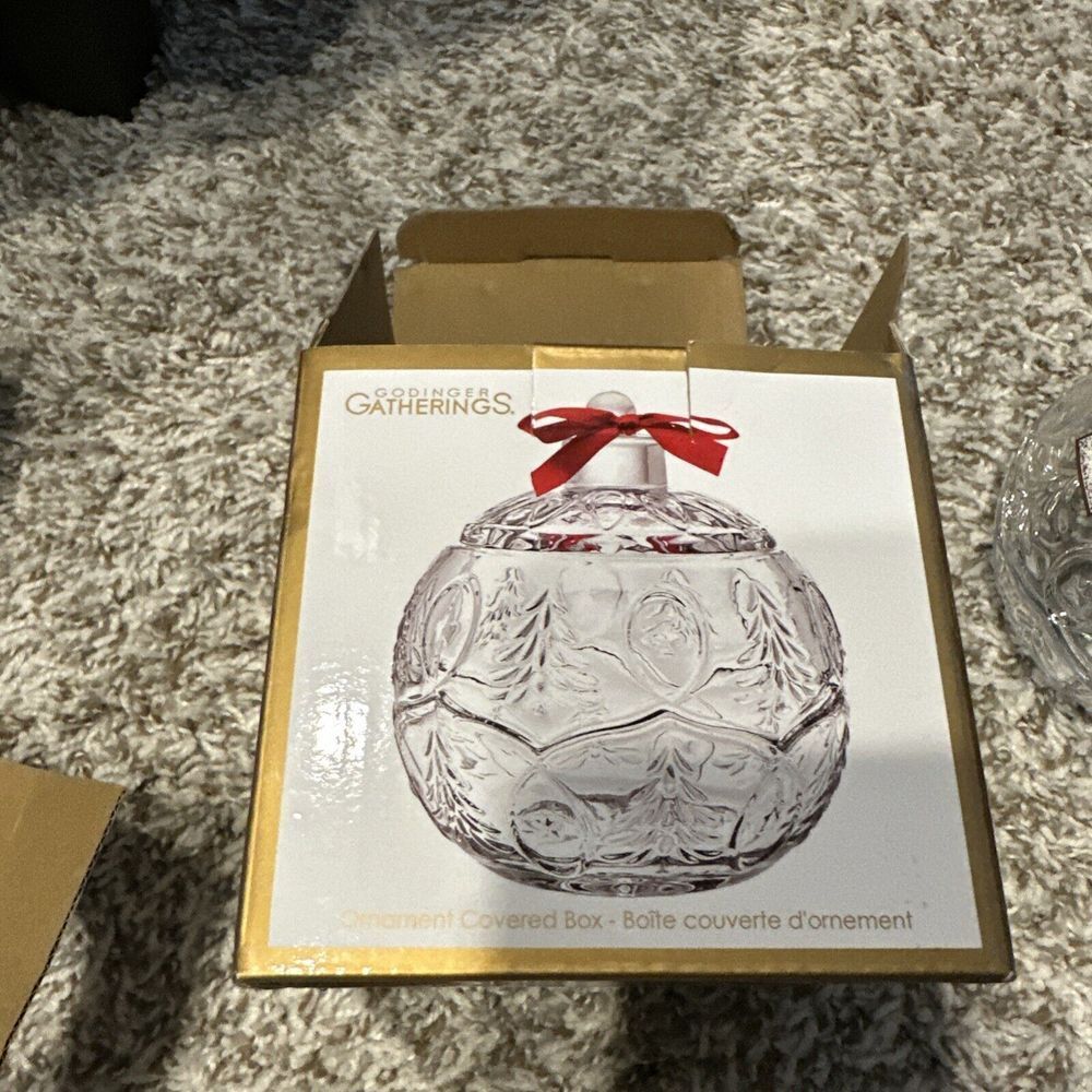 Godinger Gatherings "Shannon" Crystal Christmas Ornament Candy Dish with Lid~New